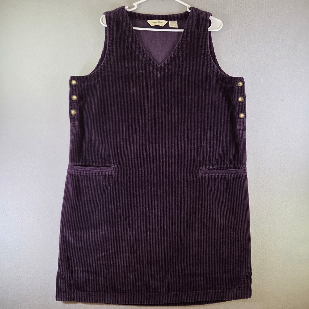 Eddie Bauer Vintage Purple Corduroy Jumper Dress Medium V-Neck Sleeveless Fall